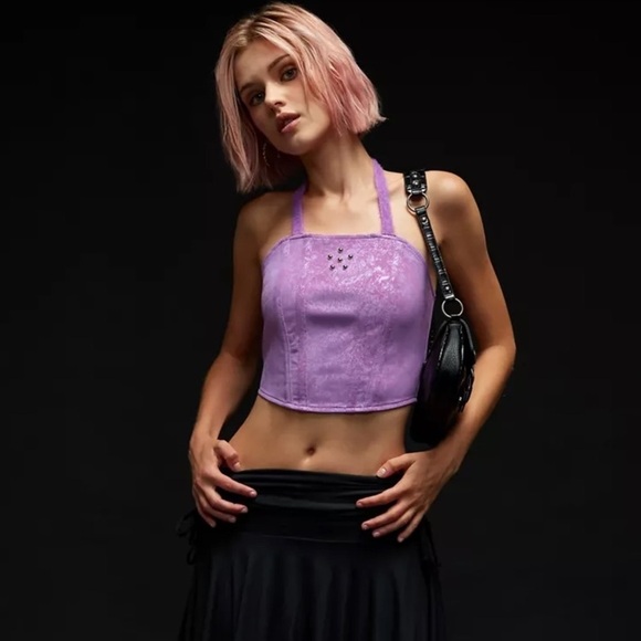 Zemeta X Urban Outfitters Daisy Studded Purple Faux Leather Halter Top Sz M NWT - Picture 1 of 16